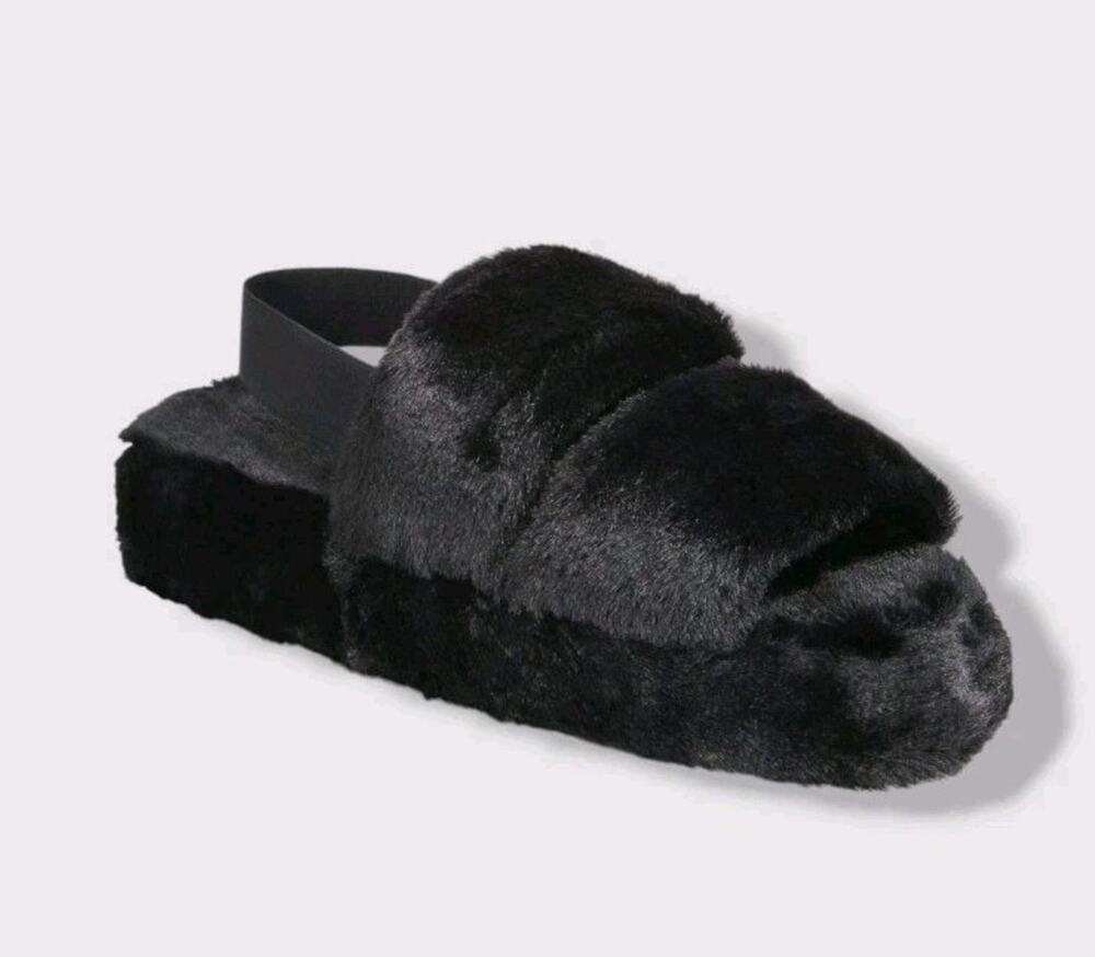 Jenni Women's Black Plush Faux Fur Slide Boxed Slippers Shoes Size 7-8